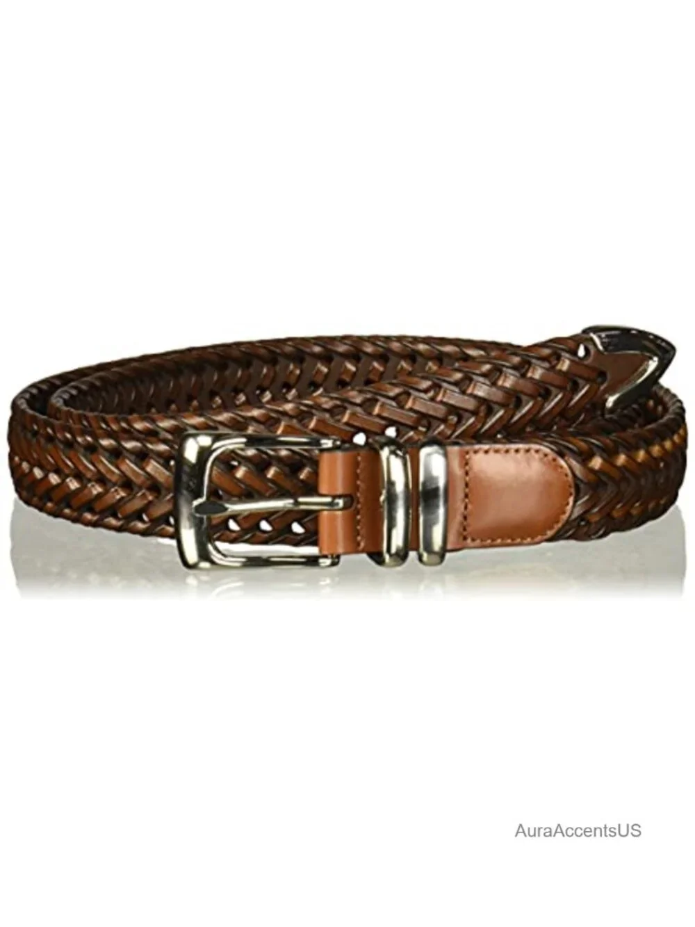 Perry Ellis Men's Braided Leather Belt with Single-Prong Metal Buckle